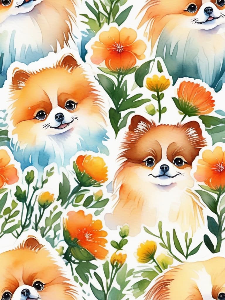  watercolor style,one cute orange pomeranian,cosmos flower field,