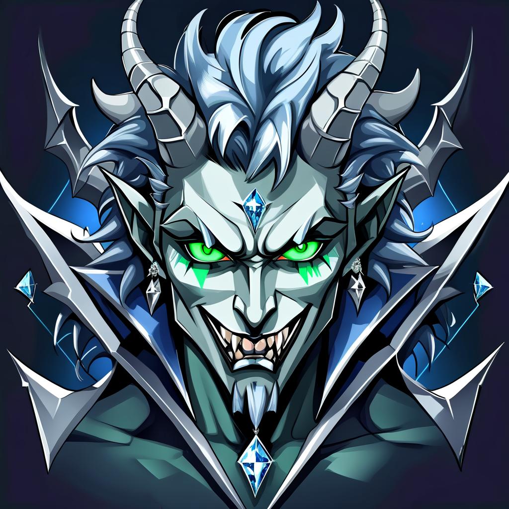  diamond devil, portrait. dark green eyes, man. kind. hair gray. with fangs and horns. colors blue, blue, silver