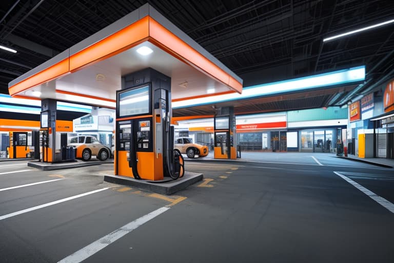 orange, grey, and blue gas station hyperrealistic, full body, detailed clothing, highly detailed, cinematic lighting, stunningly beautiful, intricate, sharp focus, f/1. 8, 85mm, (centered image composition), (professionally color graded), ((bright soft diffused light)), volumetric fog, trending on instagram, trending on tumblr, HDR 4K, 8K