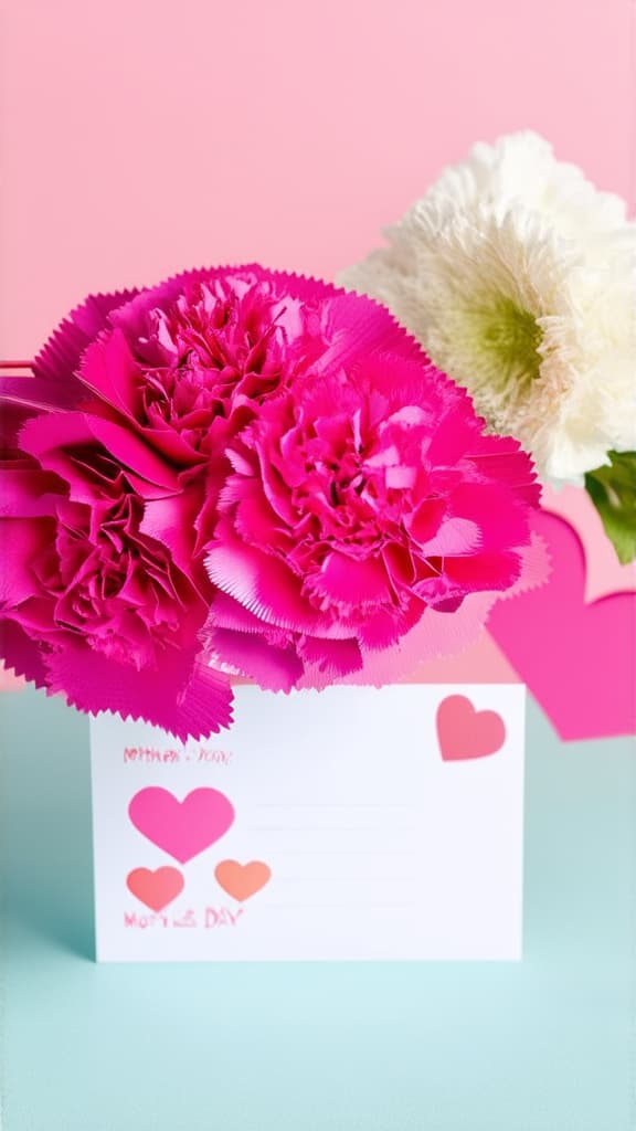  show your appreciation this mother's day with a stunning postcard arrangement featuring pink carnations, and heart shaped papers on a pastel pink background ar 9:16 {prompt}, maximum details