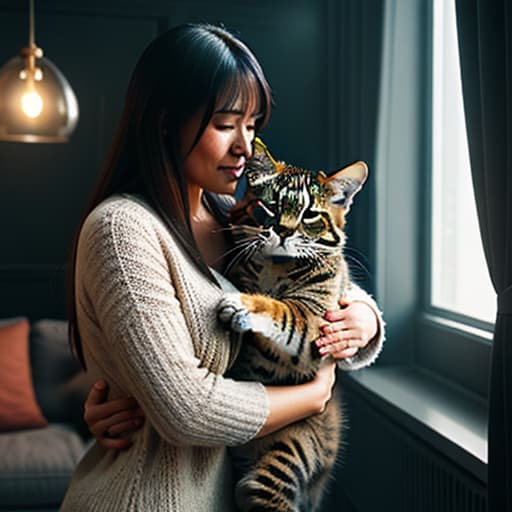  a big cat hugs a cute girl in the living room,pokemon hyperrealistic, full body, detailed clothing, highly detailed, cinematic lighting, stunningly beautiful, intricate, sharp focus, f/1. 8, 85mm, (centered image composition), (professionally color graded), ((bright soft diffused light)), volumetric fog, trending on instagram, trending on tumblr, HDR 4K, 8K