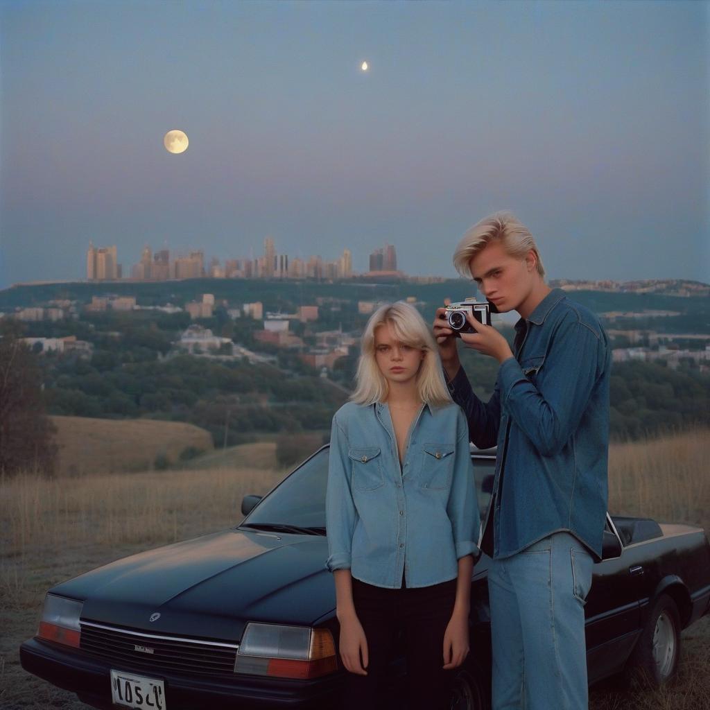  analog film photo a platinum blonde girl takes pictures on a polaroid in a black shirt and stands next to a blonde guy in a denim shirt, standing by a black car, a view from a hill, in the background the city, the time of dusk, a full light moon, the style of the 80 90s. . faded film, desaturated, 35mm photo, grainy, vignette, vintage, kodachrome, lomography, stained, highly detailed, found footage