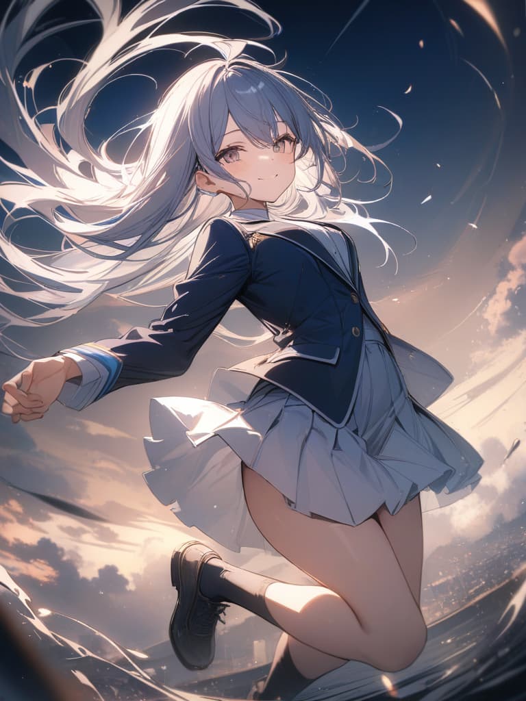  smile girl, dark blue blazer, uniform, mini , long hair, cute, dark blue high socks, masterpieces, fluctuations in the wind, jumping, masterpiece, best quality,8k,ultra detailed,high resolution,an extremely delicate and beautiful,hyper detail