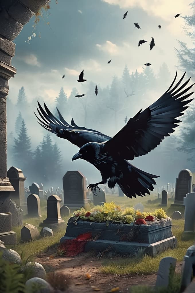  crow flying out of an open grave , 4k