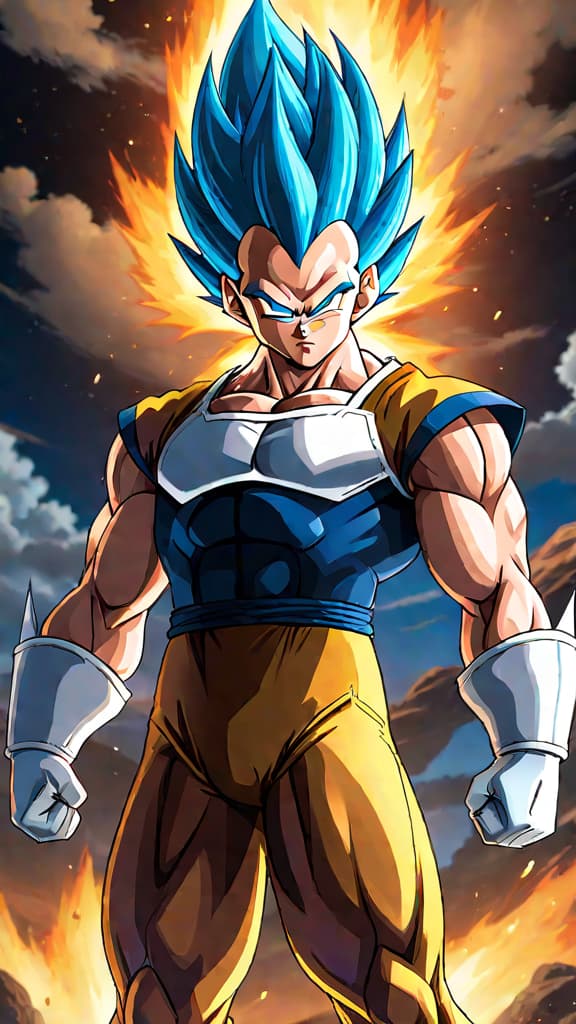  anime art: vegeta's determination for strength and justice as a balanced god of destruction candidate. hyperrealistic, full body, detailed clothing, highly detailed, cinematic lighting, stunningly beautiful, intricate, sharp focus, f/1. 8, 85mm, (centered image composition), (professionally color graded), ((bright soft diffused light)), volumetric fog, trending on instagram, trending on tumblr, HDR 4K, 8K