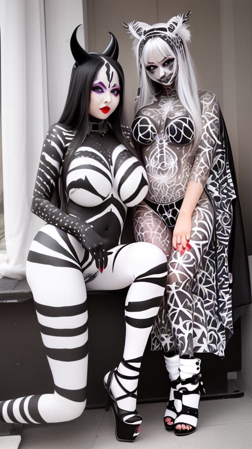  Black and White Spider-patterned body paint in every corner of the whole body, full-body, silver body paint, White face paint on the face,Two succubuses 女性