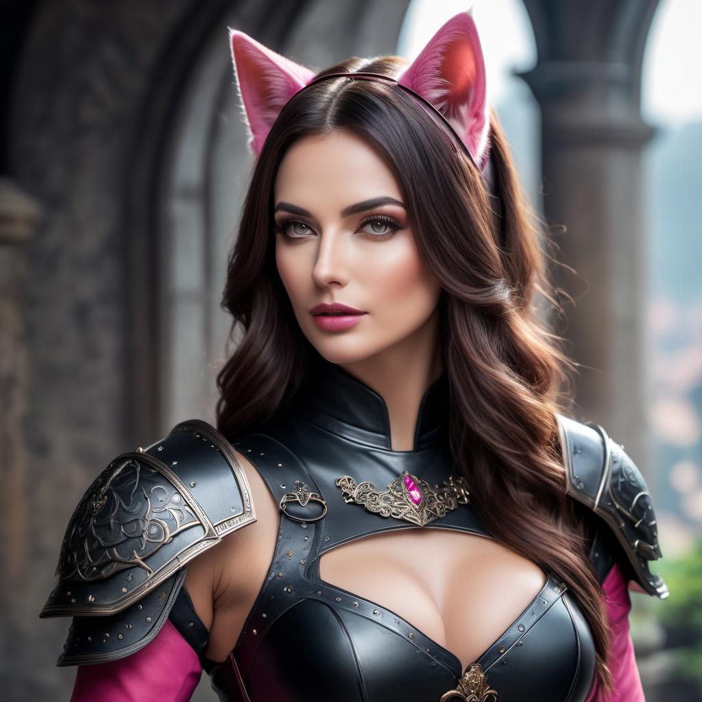   hdr photo of medieval l brunette hair woman with pink details in black armor and cat ears. . high dynamic range, vivid, rich details, clear shadows and highlights, realistic, intense, enhanced contrast, highly detailed, oil painting hyperrealistic, full body, detailed clothing, highly detailed, cinematic lighting, stunningly beautiful, intricate, sharp focus, f/1. 8, 85mm, (centered image composition), (professionally color graded), ((bright soft diffused light)), volumetric fog, trending on instagram, trending on tumblr, hdr 4k, 8k hyperrealistic, full body, detailed clothing, highly detailed, cinematic lighting, stunningly beautiful, intricate, sharp focus, f/1. 8, 85mm, (centered image composition), (professionally color graded), ((bright soft diffused light)), volumetric fog, trending on instagram, trending on tumblr, HDR 4K, 8K