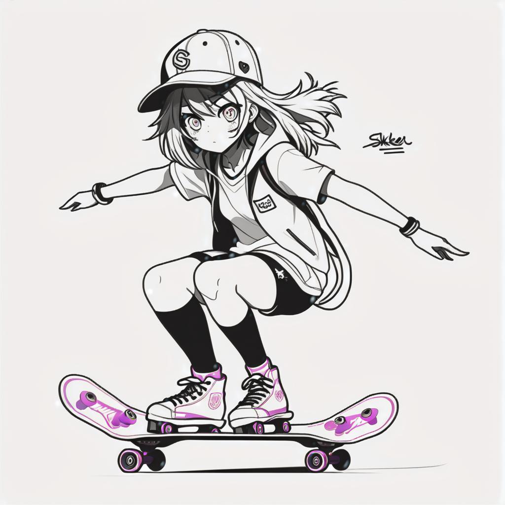  line art drawing skater girl, same nightmare. anime style . professional, sleek, modern, minimalist, graphic, line art, vector graphics