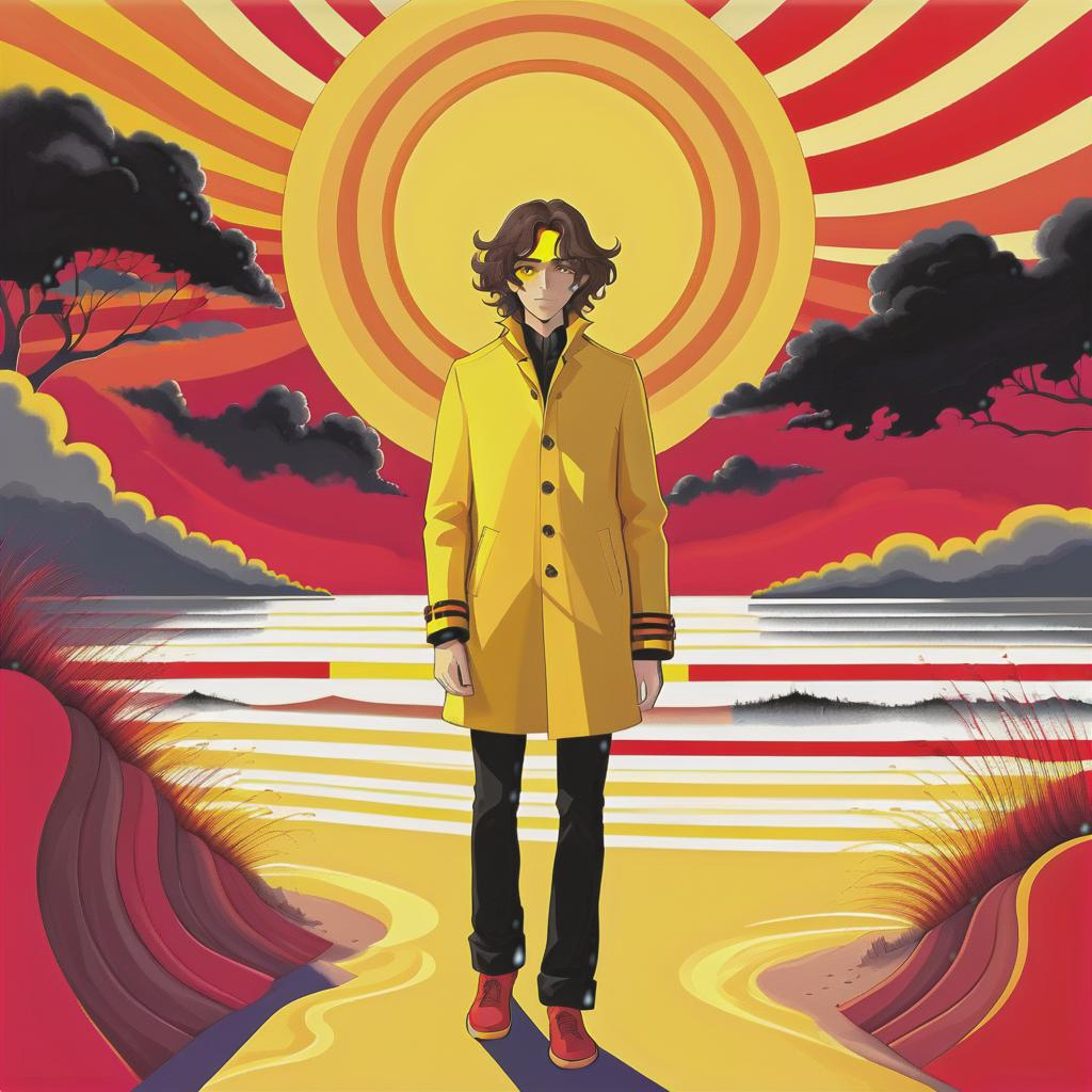  psychedelic style a young man stands on the beach with long dark brown hair that gently falls on his shoulders, and his face, with jewish and slavic features, radiates calm with brown eyes. he is dressed in a bright yellow coat that immediately attracts attention and contrasts with the surrounding landscape. under the coat is a black shirt, and black pants are additionally decorated with yellow elements, creating a harmonious and stylish image. the sun sets over the horizon, shrouding everything around in red shades, and bright red stripes lie on the surroundings contrasting with the darkness and creating a magical atmosphere. . vibrant colors, swirling patterns, abstract forms, surreal, trippy