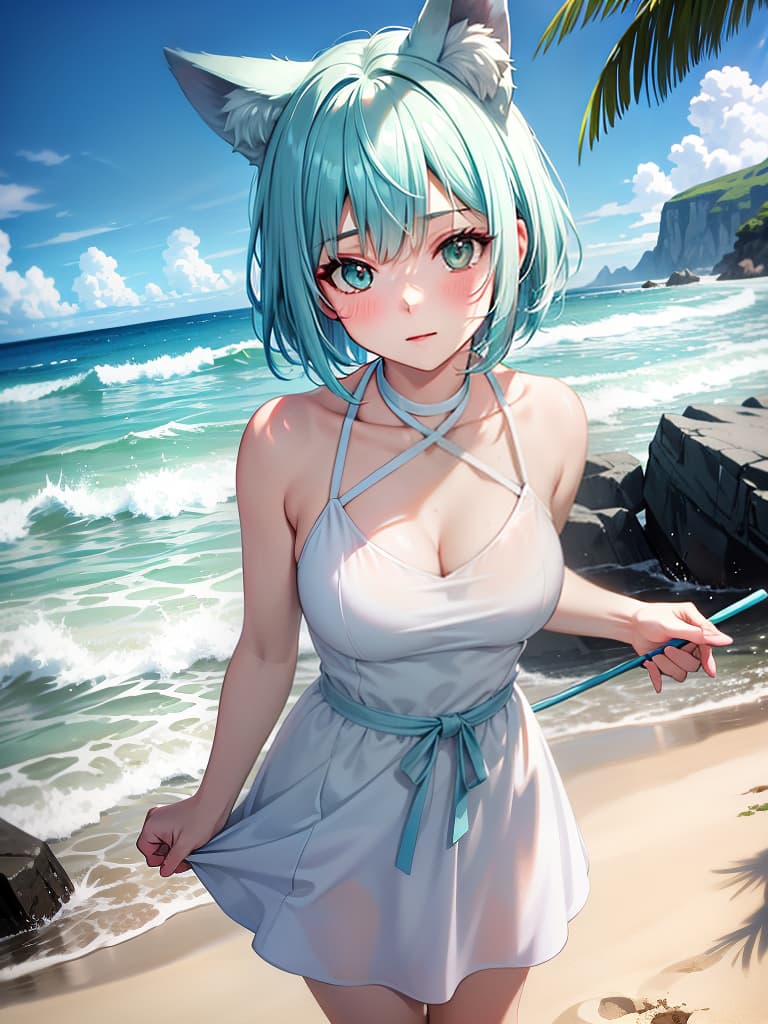  masterpiece,highres,((v ray render)),sense of depth,close view,outdoors,beach,horizon,blue sky,portrait,face focus,close up,solo,(,wolf ,wolf ears,wolf tail),intelligence,powerful,joyfull,pure white skin,glossy skin,short hair,bob cut,pastel green hair,healthy,curvy,full ,narrow waist,toned arms,sundress,sleeveless,aqua dress,halterneck,criss cross halter,standing,bent over,arched back,