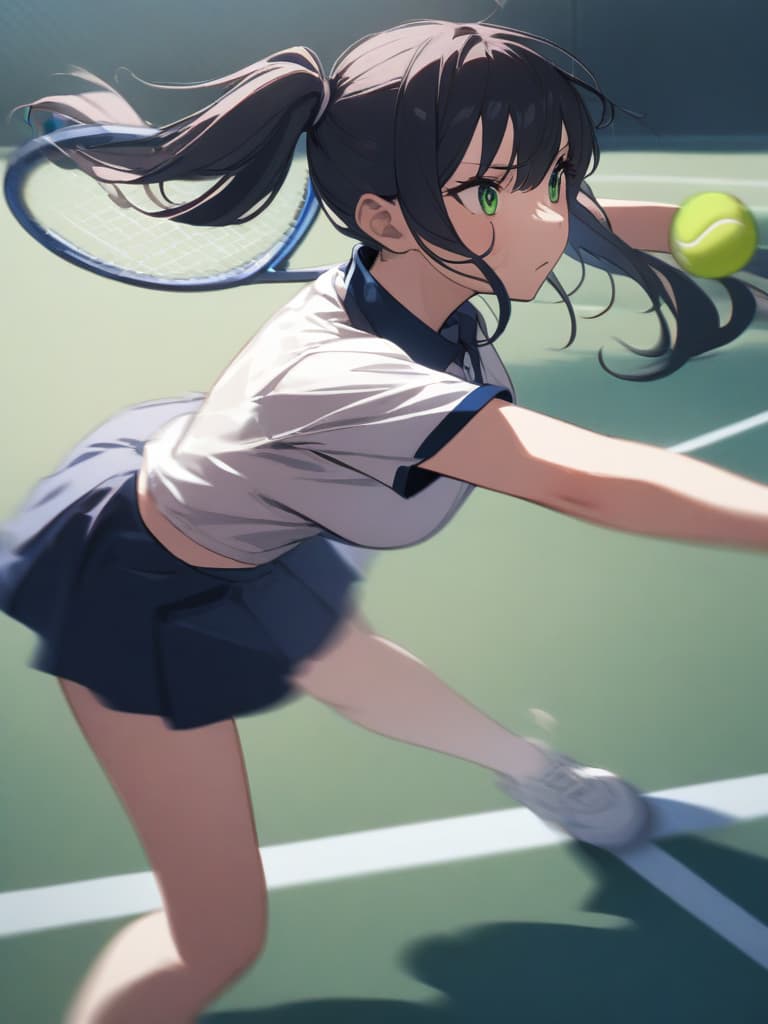  (masterpiece, highest quality,), beautiful fine eyes, very detailed, black hair, aho hair, long hair, green eyes, ponytails, busty, blurred background, shy pinup, tennis, tennis racket: 1.1), wearing tennis uniforms, tennis courts, (moving: 1.2), hitting the ball with a tennis ball, some players, standing in one foot </input> </xml>, motion blur, with a racket with one hand, depression, motion blur, right hand, depression, one ball