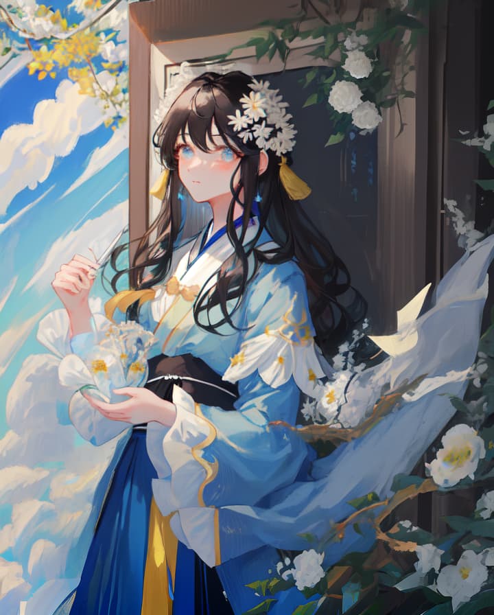  masterpiece, best quality, (Fidelity: 1.4), Best Quality, Masterpiece, Ultra High Resolution, Poster, Fantasy Art, Very Detailed Faces, 8k resolution, Chinese Style, An woman, Side Face, Quiet, Light Blue Hanfu, Tulle Coat, Long Black Hair, Light Blue Fringed Hair Ornament, Hairpin, White Ribbon, White Flower Bush, Light Blue Butterfly Flying, cinematic lighting effects
