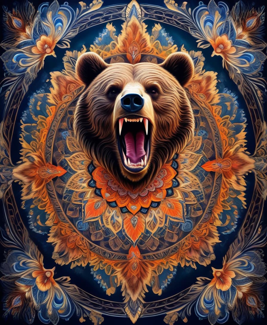  impressionist painting masterpiece, hdr 8k, digital image. conceptual art. (a bear with a bared mouth full of sharp fangs, appearing in ancient russian ethnic ornaments that make up a symmetrical mandala consisting of an endless forest, a wide flowing river and majestic mountains, the mandala is decorated with a fantastic ice pattern). abstract elements: stones, tree leaves, flowers. the effect of dissolving the natural shades of fur in sky waves. filigree finishes, mysterious neon glowing accents, intricate. stylization. neo rococo style. stylish, dynamic, atmospheric. background dissolving abstract patterns in the space:: vignetting:: complex ethnic ornament. mystery, fantasy surrealism. high detail. high quality. hdr. . loose brushwork