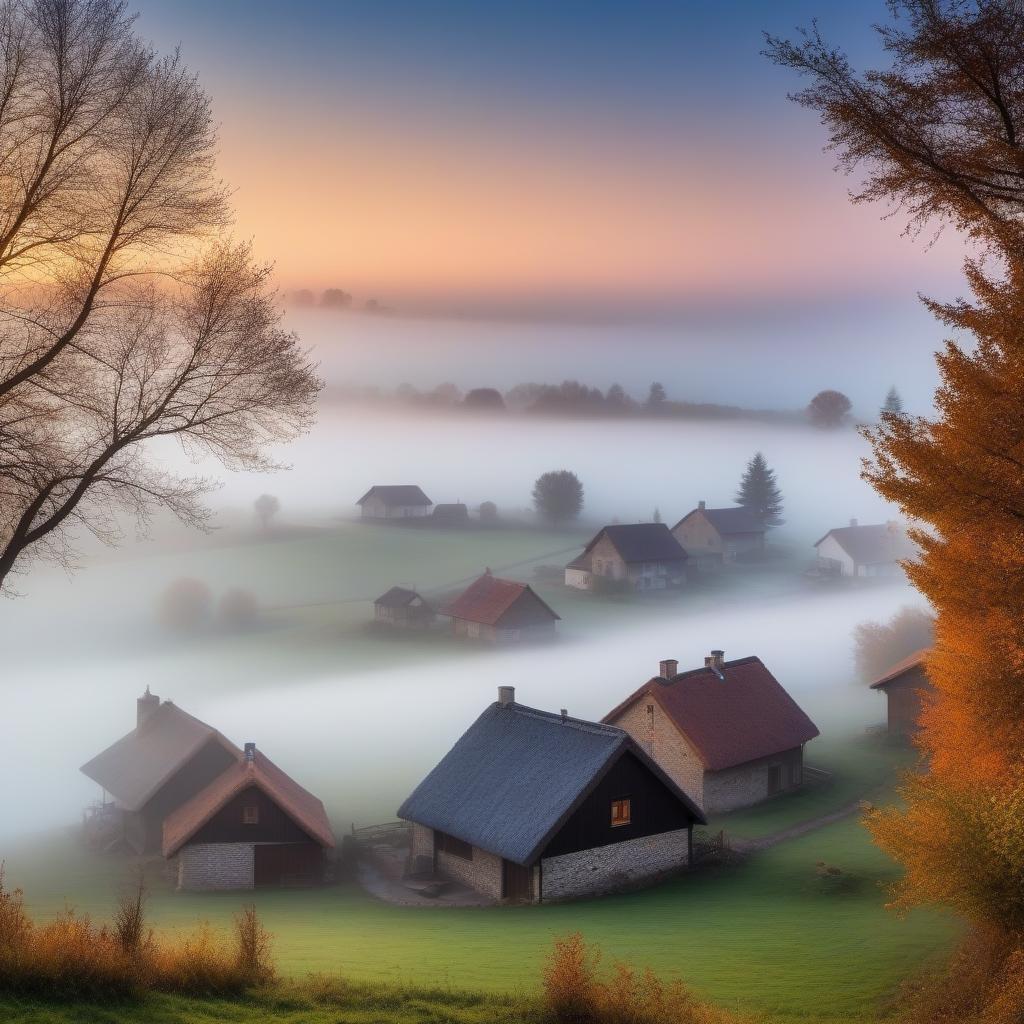  Rural life in autumn: houses with smoke from chimneys, white fog over the village, stars are barely visible above the fog at dusk