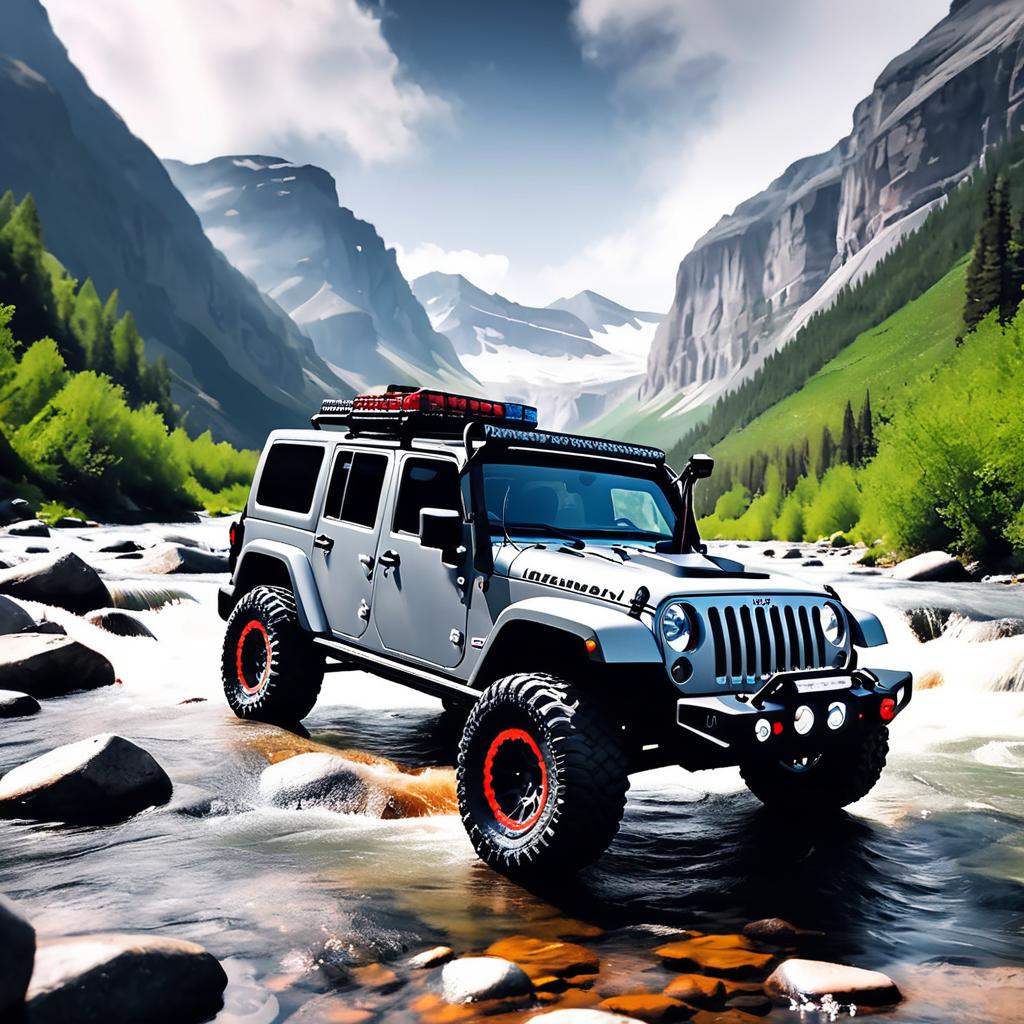  gray rc jeep wrangler expedition car mountain river winch, (ios style mobile app icon:1.5), logo, midjourney style, hq, hightly detailed, 4k