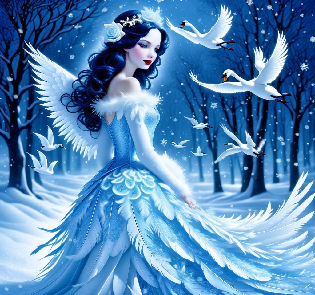  dreamscape thy name is (kiss the snow1,2) . ((key, (ice, blue1,6 sip)) ((blue eyed)) i've been jinxed ((snow singer1,8) . ((snow swan)) ((the snow swan)) feathers at my feet.( feathers flutter and slowly sink into the snow). (snow white swan): the head and body are creamy white with a silvery tint. wings of white blue colour from snowflakes (roses): light blue colour with leaves from ice crystals. background:soft blue with delicate patterns of falling snow and curls of blizzards, ice patterns on water.(style):fantasy, romantic art, silver age poetry, 19th century, dedication. . surreal, ethereal, dreamy, mysterious, fantasy, highly detailed, civitai, hkmagic