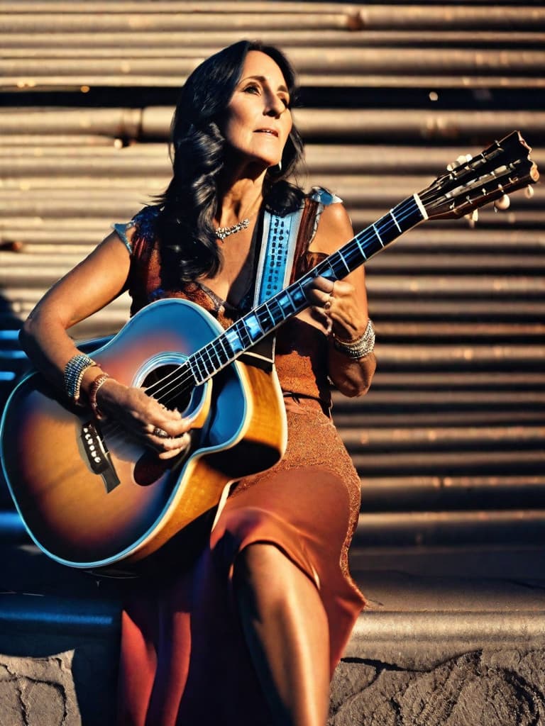  A younger Country singer Joan Baez, medium shot, upper body, spotlight, long exposure lighting, street art style spray paint, glamour lighting