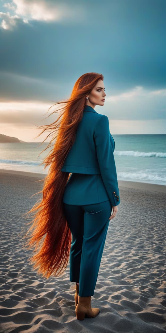  cinematic photo , young, red long hair, very large , , standing on the beach, eyes blue, photos not cropped, show the legs . 35mm photograph, film, bokeh, professional, 4k, highly detailed hyperrealistic, full body, detailed clothing, highly detailed, cinematic lighting, stunningly beautiful, intricate, sharp focus, f/1. 8, 85mm, (centered image composition), (professionally color graded), ((bright soft diffused light)), volumetric fog, trending on instagram, trending on tumblr, HDR 4K, 8K