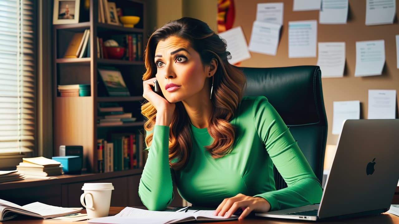  a cluttered desk with a computer showing generic stock photos, a frustrated person with a furrowed brow, and a half empty coffee cup, surrounded by crumpled papers and an open notebook filled with scribbles. hyperrealistic, full body, detailed clothing, highly detailed, cinematic lighting, stunningly beautiful, intricate, sharp focus, f/1. 8, 85mm, (centered image composition), (professionally color graded), ((bright soft diffused light)), volumetric fog, trending on instagram, trending on tumblr, HDR 4K, 8K