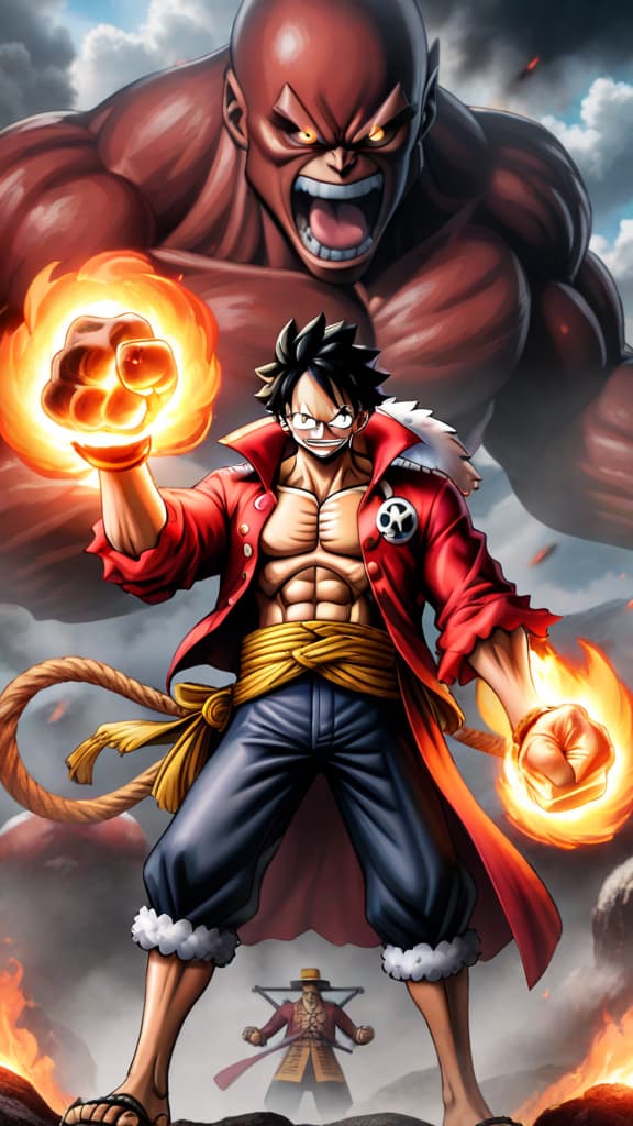  anime art of one piece's admiral akainu with glowing magma fists facing monkey d. luffy in gear 5, intense battlefield hyperrealistic, full body, detailed clothing, highly detailed, cinematic lighting, stunningly beautiful, intricate, sharp focus, f/1. 8, 85mm, (centered image composition), (professionally color graded), ((bright soft diffused light)), volumetric fog, trending on instagram, trending on tumblr, HDR 4K, 8K