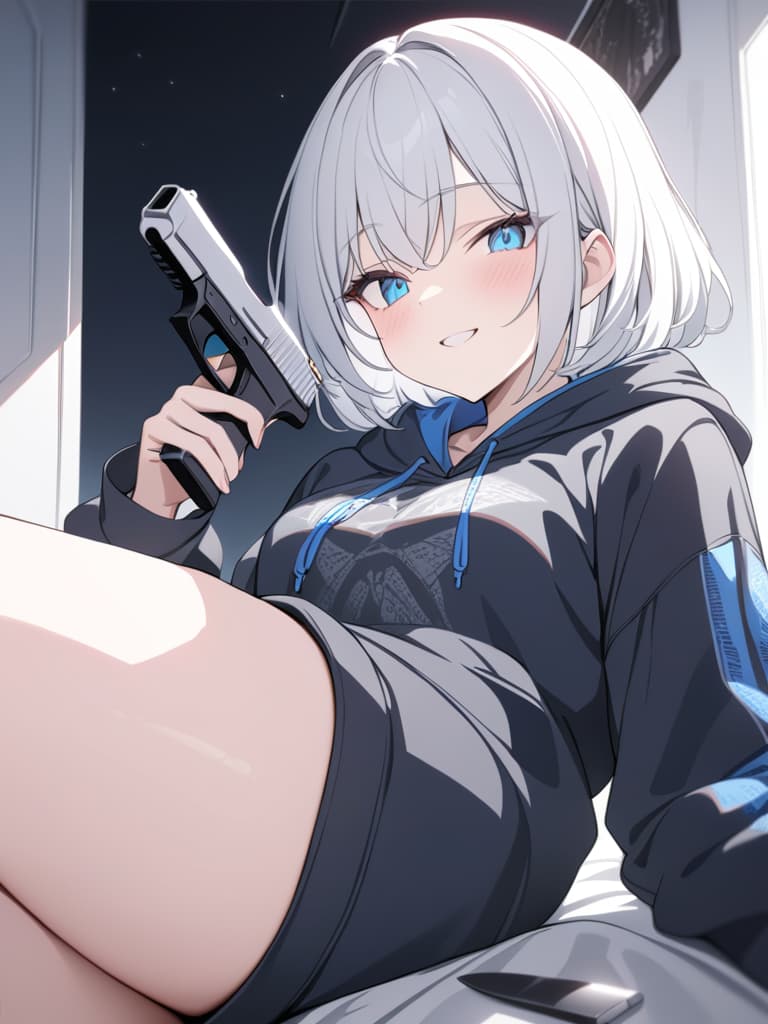  white hair, short bob, blue eyes, energy, boy, hoodie, large hoodie, handgun, smile, knife, masterpiece, best quality,8k,ultra detailed,high resolution,an extremely delicate and beautiful,hyper detail