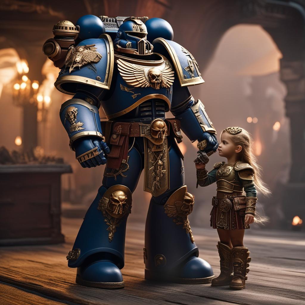  warhammer space marine with little girl hyperrealistic, full body, detailed clothing, highly detailed, cinematic lighting, stunningly beautiful, intricate, sharp focus, f/1. 8, 85mm, (centered image composition), (professionally color graded), ((bright soft diffused light)), volumetric fog, trending on instagram, trending on tumblr, HDR 4K, 8K