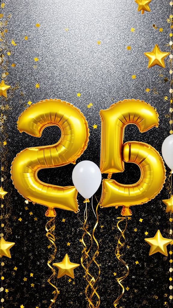  2025 new year monochrome concept. golden numbers foil balloons and glowing stars confetti ar 9:16 {prompt}, maximum details