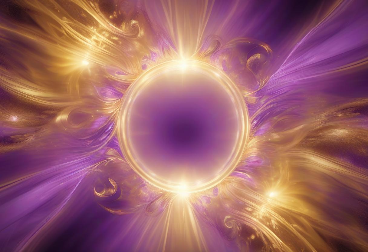  radiant energy background: a glowing background with golden and purple light symbolizing transformation, realistic, psychedelic, vivid colors