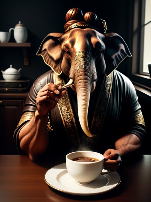  score 9, score 8 up, score 7 up, photo, photorealistic, 35mm, intricate details, hdr, hyperdetailed, natural skin texture, hyperrealism, sharp, photo realistic, dark moody lighting, sleepy cartoon god ganesha, sixth hand, sits on a chair in the lotus position, six hands, toothbrush in one hand, cup of coffee in the second hand, spoon in the third hand, sandwich in the fourth hand, towel in the fifth hand, plate of porridge in the sixth hand, sleepy red eyes, small cozy apartment, steam coming from the head elephant, high quality accurate paws correct animal eyes, stylistics: (realistic, photo realistic:1.38), perfect face, perfect eyes, (tears:1.2) <lora:zy amateurstyle v2:0.6>, dark , creepy , blood , monsters , by jason engle , carlos hua hyperrealistic, full body, detailed clothing, highly detailed, cinematic lighting, stunningly beautiful, intricate, sharp focus, f/1. 8, 85mm, (centered image composition), (professionally color graded), ((bright soft diffused light)), volumetric fog, trending on instagram, trending on tumblr, HDR 4K, 8K