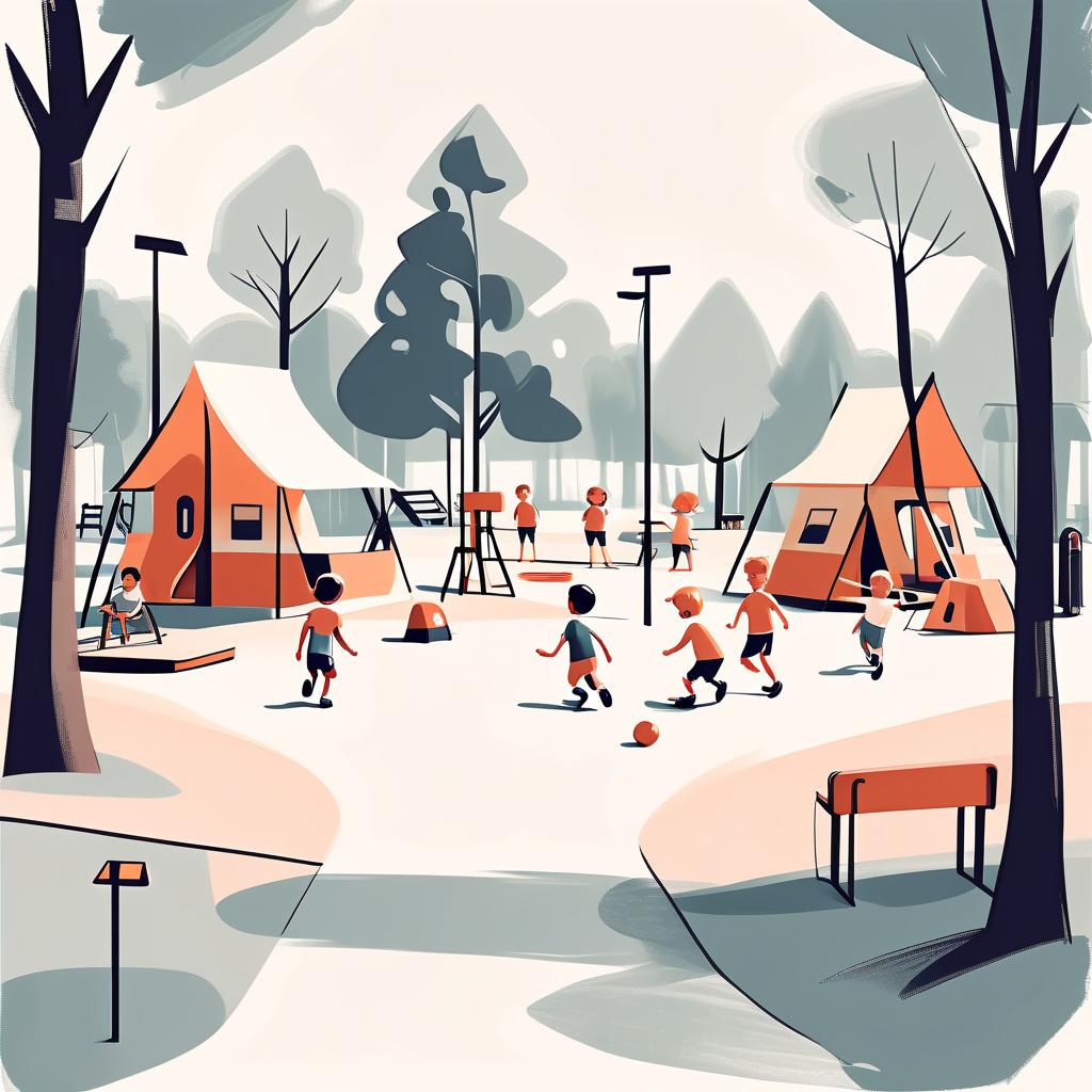  minimalist style children playing in a children's campground retro style sketch . simple, clean, uncluttered, modern, elegant