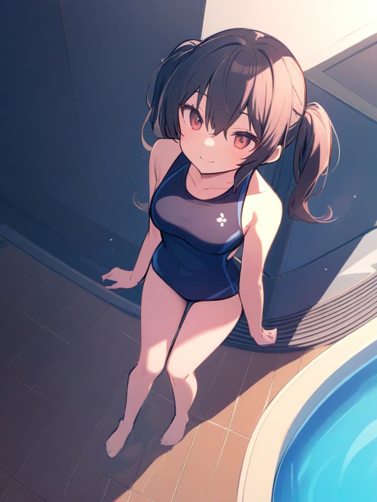  women's elementary students (male), twin tails, cute smiles, (rich s), low stature, dark blue swimwear, old swimwear, , simple, (upward), upward, (bulge), front, whole body, pool side ,,,