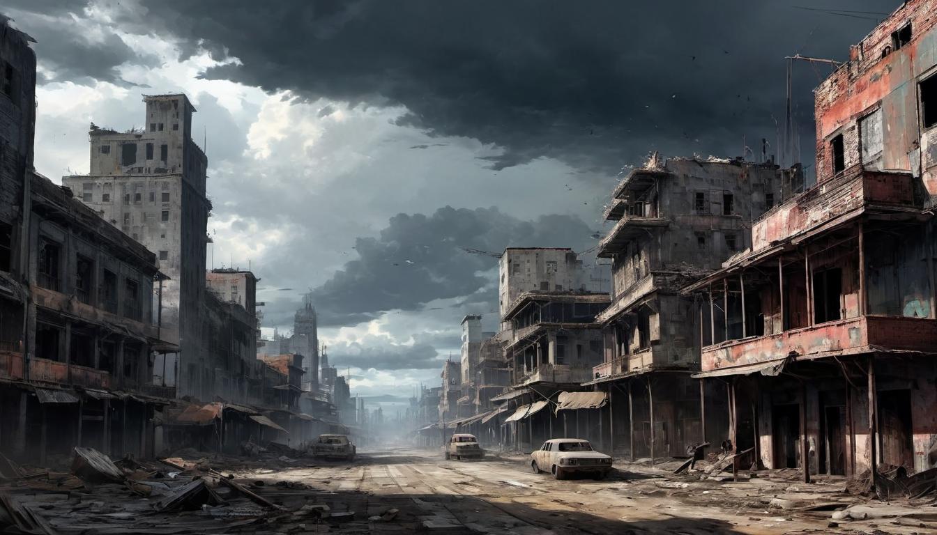  digital painting of cityscape turning into wasteland, barren land, skeletal remains of buildings, ominous clouds, air of desolation and abandonment looking at viewer, dynamic pose, (intricate details, masterpiece, best quality)