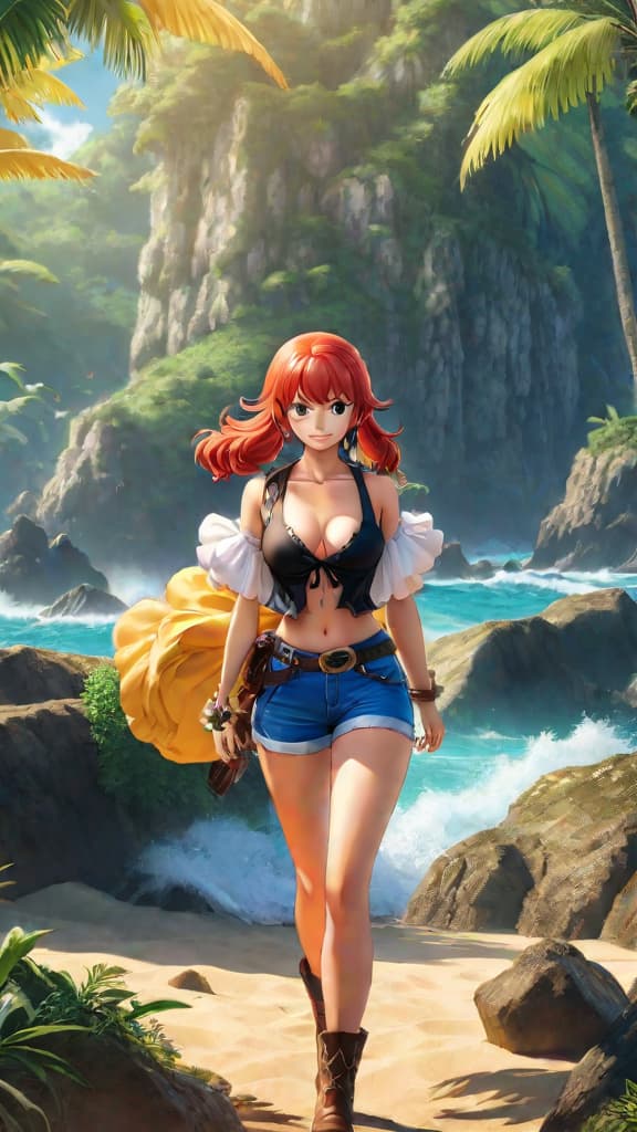  anime art: raftel, the fabled island where the pirate king's secret awaits in one piece. hyperrealistic, full body, detailed clothing, highly detailed, cinematic lighting, stunningly beautiful, intricate, sharp focus, f/1. 8, 85mm, (centered image composition), (professionally color graded), ((bright soft diffused light)), volumetric fog, trending on instagram, trending on tumblr, HDR 4K, 8K