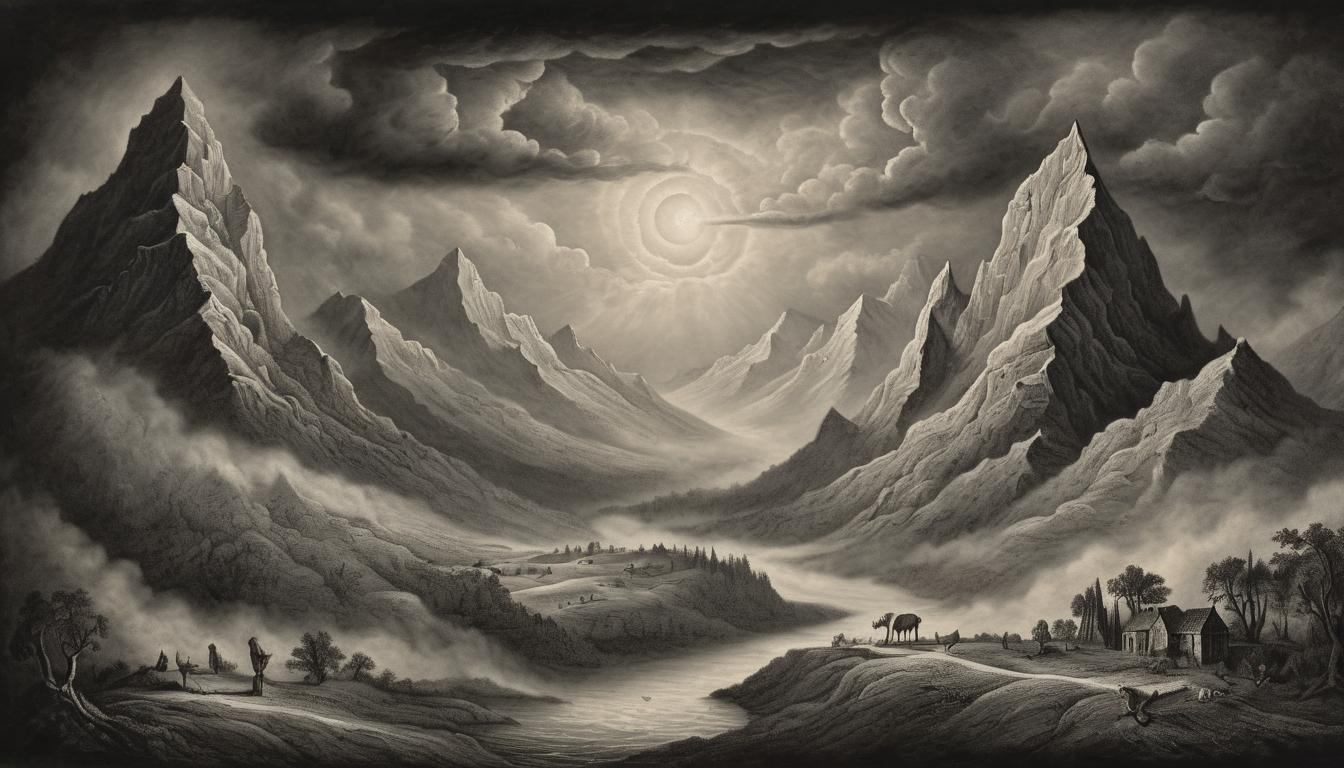  on parchment, surrealism++, towering mountains, dark stormy skies, divine light breaking through, sense of challenge, overwhelming but conquerable(mysterious, provocative, symbolic)++