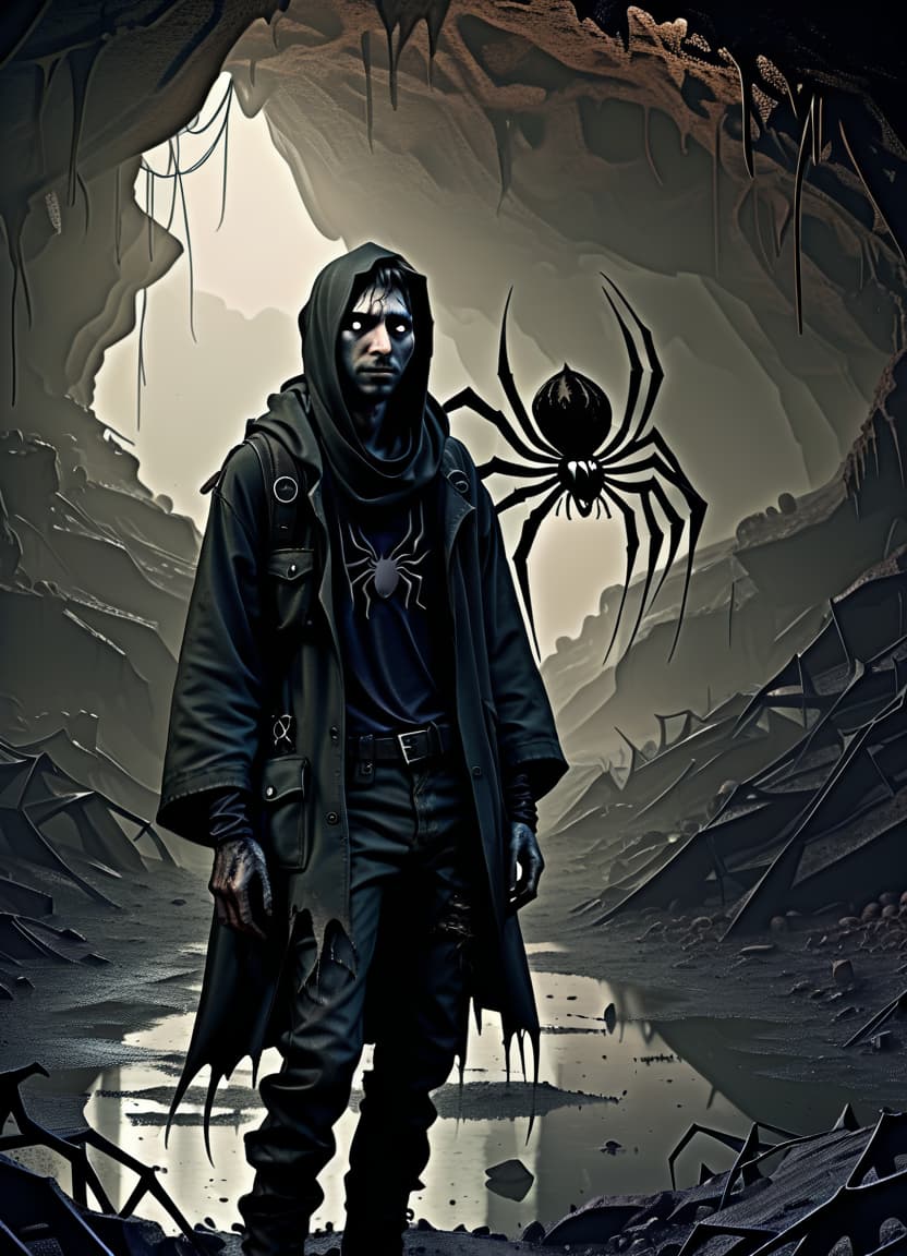  dystopian style make him a witch. he's got a spider name and a cave behind him . bleak, post apocalyptic, somber, dramatic, highly detailed