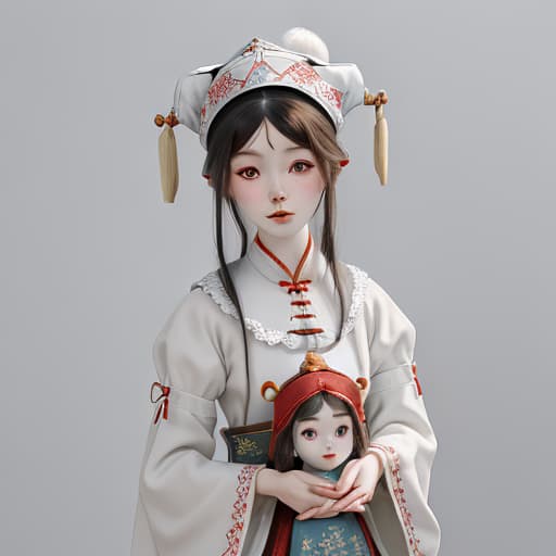  cultural and creative porcelain dolls, wearing a tail hat or tile hat with qiang characteristics, and the hat decoration is rich in details. the lower body is simplified into a long oval, and the surface is painted with bright qiang clothing patterns. the doll presents a white porcelain texture as a whole, and the headdress and clothing painting contrast sharply.