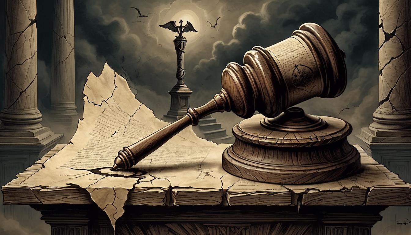  on parchment, surrealism+++, gavel striking down on an empty, cracked pedestal, symbolizing misguided judgement, aged wood, dark undertones(mysterious, provocative, symbolic,muted color)+++