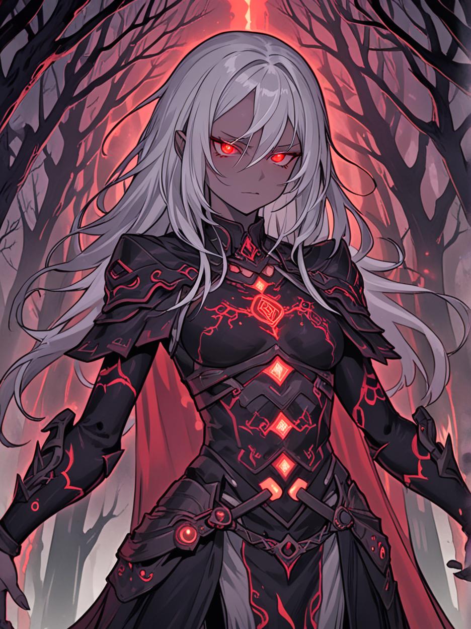  manga artwork an anime photo of a female sorceress wearing a mix of matte black metal with armor of iridescent synthetic cloths. the woman has long white hair, luminescent red eyes, gray skin, and luminescent red scars on her face. the figure is wrapped in a dark garment engraved with runes, woven with luminescent threads that pulsate with a dark red hue. below the garment, visible on the figure's neck and hands, are circuit shaped tattoos that pulsate with electric red energy, integrating seamlessly into the high tech design. the background of the photo is a dark, misty forest at night, with tall, gnarled trees and bioluminescent plants casting a mysterious light. the figure is a sentinel, exuding an aura of dark wisdom and arcane power, i