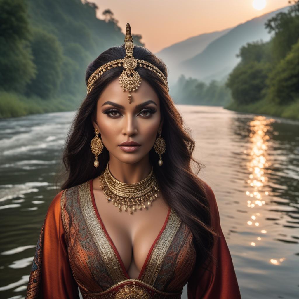  In a scenic setting near a riverbank during twilight, River, a woman of strong presence dressed in tribal attire, looks intently at Shadius. Shadius, a noble figure in princely robes, stands up stoically and says 'Peace upon you.' River gasps but maintains her composure. L, another character dressed in more casual but elegant clothing, steps in front of Shadius urgently and says, 'Prince... you're a bit rash. For a woman who makes you better.' Shadius's expression is one of internal conflict, while River looks surprised yet composed. The backdrop includes the flowing river and the glow of the setting sun, adding to the emotional intensity of the moment. hyperrealistic, full body, detailed clothing, highly detailed, cinematic lighting, stunningly beautiful, intricate, sharp focus, f/1. 8, 85mm, (centered image composition), (professionally color graded), ((bright soft diffused light)), volumetric fog, trending on instagram, trending on tumblr, HDR 4K, 8K