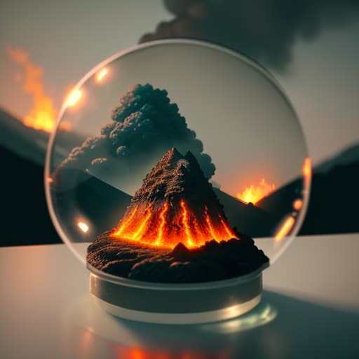  A miniature volcano inside a glass bubble. Bubble is placed on the windowsill. Volcano eruption with smoke and fire coming out, lava descends on the slopes of the mountain. Extremely detailed, 8K, apocalyptic punk style, miniatures, macro photography in close up.