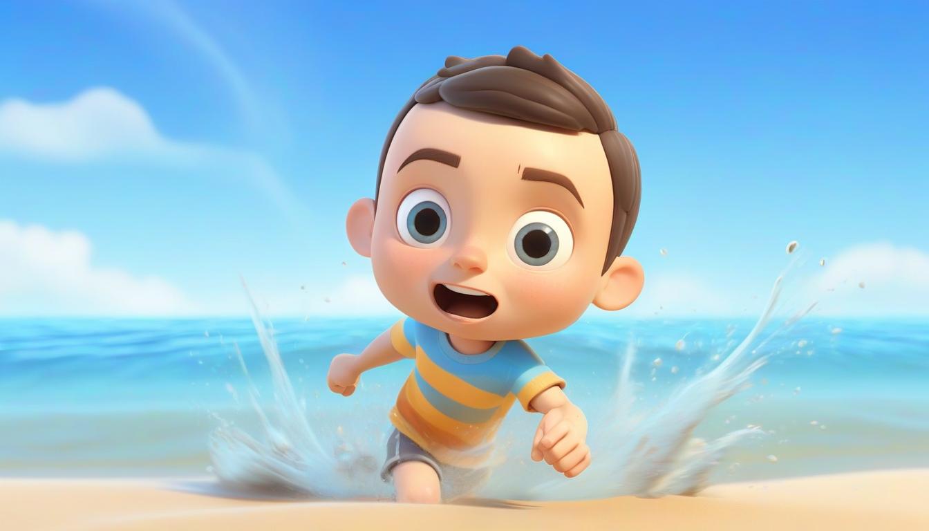  3d rendering of a boy running from the character's water to the beach on the sand