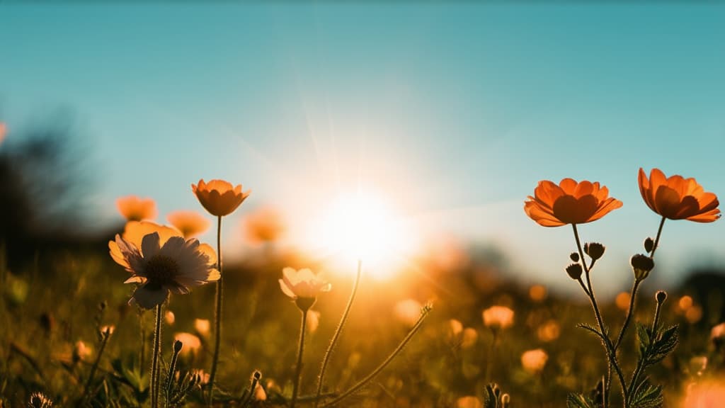  cinematic film style, light photo, spring, everything is blooming and coming to life, wallpaper, flowers in the foreground, soft sunset light, blue sky ar 16:9, shallow depth of field, vignette, maximum details, high budget hollywood movie, bokeh, cinemascope, moody, epic, gorgeous, sun rays and shadows on furniture and surfaces, flattering light, raw photo, photography, photorealistic, 8k resolution, f1.4, sharpened focus, sharp focus