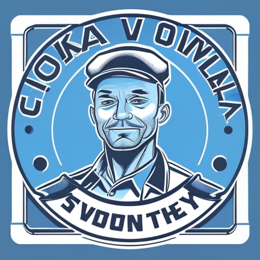  draw a man who works in the vodka industry. he works on the conveyor line. dressed in blue. make it light, (logo:1.3), vector graphics, brand, design, inspired, (straight:1.3), (symmetrical:0.4)