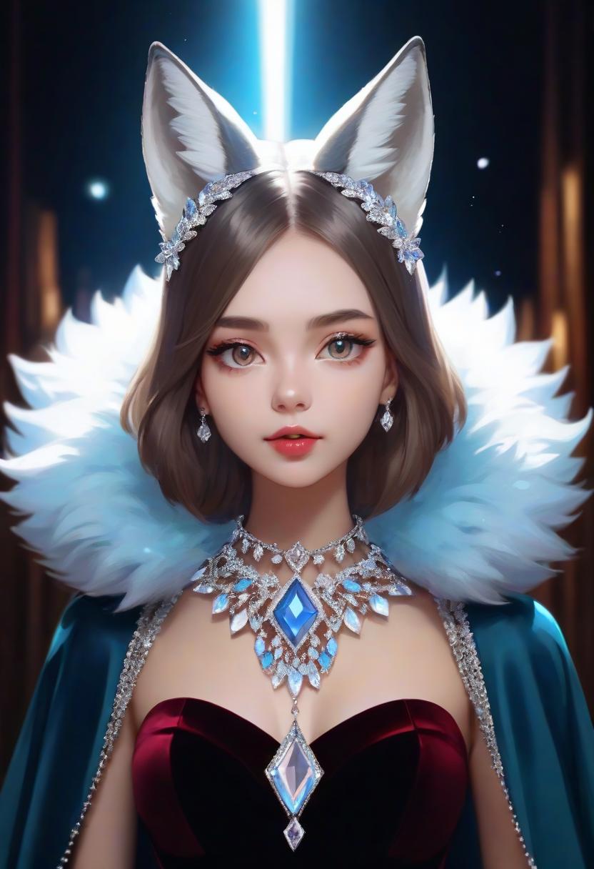  girl from crystals. tiadem in the form of silver ears of a fox made of crystals. collar by a fan of colored crystals. velvet cape