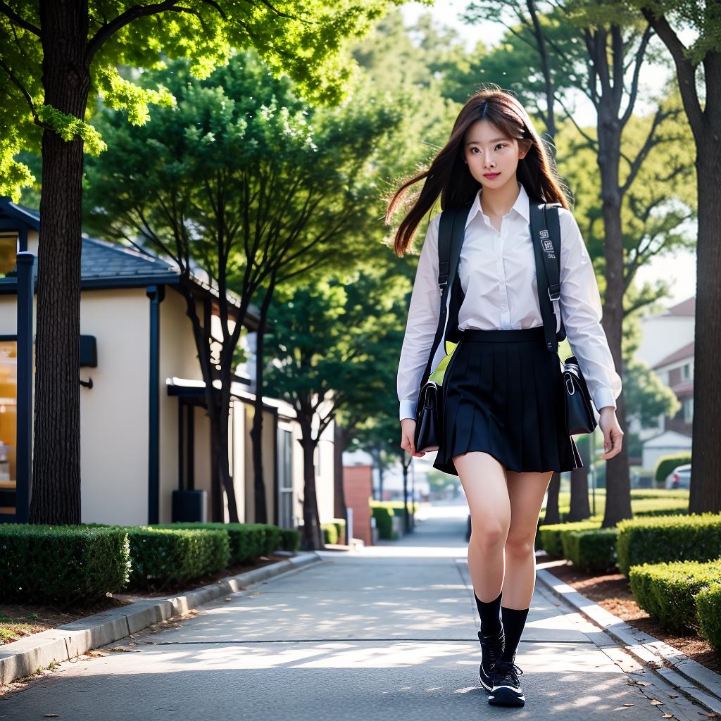  masterpiece, high quality, 4K, HDR BREAK A young female high student BREAK wearing a uniform with a pleated , on up shirt, and a backpack BREAK walking down the sidewalk to , looking straight ahead with a neutral expression BREAK a typical suburban neighborhood with houses and trees in the background hyperrealistic, full body, detailed clothing, highly detailed, cinematic lighting, stunningly beautiful, intricate, sharp focus, f/1. 8, 85mm, (centered image composition), (professionally color graded), ((bright soft diffused light)), volumetric fog, trending on instagram, trending on tumblr, HDR 4K, 8K