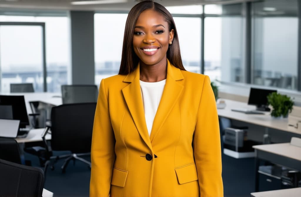  professional detailed photography, portrait of smiling businesswoman in mustard colored jacket standing in open plan office. happy female professional executive manager, financial banking or marketing data. ar 3:2, (muted colors, dim colors, soothing tones), (vsco:0.3)