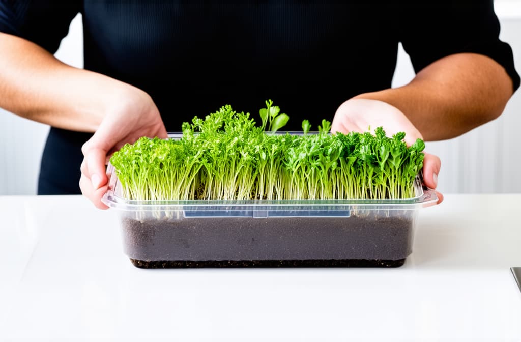  professional detailed photography, woman seeding microgreens in plastic box, (normal hands) white modern kitchen ar 3:2, (muted colors, dim colors, soothing tones), (vsco:0.3)