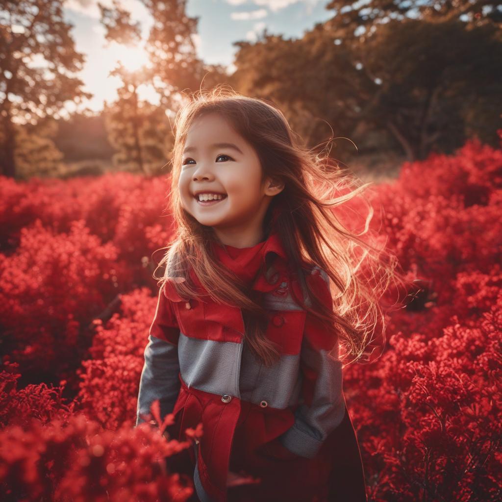  Masterpiece, best quality, little girl in red, hands up, hair blowing, wide-angle lens, natural scenery, long hair flowing, smile, side light, soft tone, dynamic, quiet.