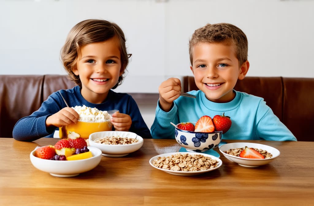  two smiling светлокожих children sitting at the table and eating healthy breakfast, cottage cheese with fruits and muesli ar 3:2 {prompt}, maximum details