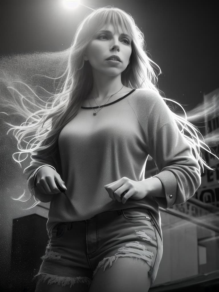  A younger Country singer Joni Mitchell, medium shot, upper body, spotlight, long exposure lighting, street art style spray paint, glamour lighting